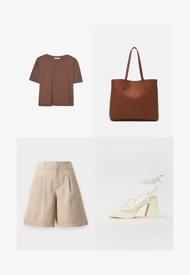 Hnedé tričko s krátkym rukávom vyrobené z jemného materiálu, s okrúhlym výstrihom a voľným strihom. Žiadne viditeľné vzory ani akcenty.; Béžové bavlnené šortky s plisovaním, s vysokým pásom a rovnom strihom. Hladká textúra a strihový dizajn poskytujú štruktúrovaný vzhľad.; Biele sandále na vysokom opätku s hrubým podpätkom, s pruhovaným dizajnom a viazaním na členku. Hladký povrch s platformou vpredu pre zvýšenú výšku.; Hnedá kožená taška na rameno s hladkou textúrou, otvoreným vrchom a dvoma ramenými popruhmi. Má minimálne šitia a žiadne viditeľné kovania.