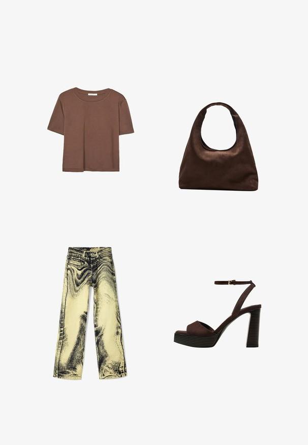 Kahvinsävyinen lyhythihainen t-paita, joka on valmistettu pehmeästä kankaasta. Pyöreä pääntie ja rento malli. Ei näkyviä kuvioita tai koristeita.; Laakarihousut keltaisesta denimistä mustalla graafisella printillä. Varustettu viidellä taskulla, tavallisella vyötäröllä ja näkyvällä ompelulla saumoissa.; Ruske kožne sandale s visokom potpeticom, otvorenim prstima, podesivim kopčanjem oko gležnja i prugastim platformskim đonom.; Pehmeä ruskea hobo-tyylinen käsilaukku, jossa on yksi leveä olkahihna ja kaareva yläosan aukko, esitelty valkoista taustaa vasten.