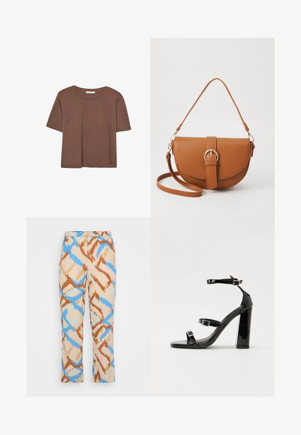 Brun kortärmad t-shirt i mjukt tyg, med rund halsringning och avslappnad passform. Inga synliga mönster eller detaljer.; Mönstrade byxor i beige med en blå och brun abstrakt design. Tillverkade av ett lätt material med rak benmodell.; Svarta lackerade klacksandaler med fyrkantig tå, ankelremmar och silverfärgade spännen. Har en kraftig blockklack för stabilitet.; Brun läder crossbody-väska med en böjd form, gyllene detaljer och en spänneaccent. Har en avtagbar axelrem.