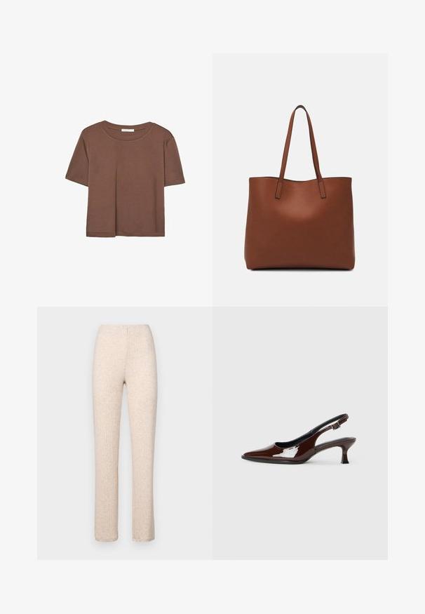 Brun kortærmet t-shirt lavet af blødt stof, med rund halsudskæring og afslappet pasform. Ingen synlige mønstre eller detaljer.; Beige ribstrikkede bukser med elastisk talje, lige ben og en blød tekstur, velegnet til afslappet brug.; Brun patenteret læder slingback sko med spids tå og en moderat hæl. Har en spænde rem for en sikker pasform. Glat tekstur.; Brun læder tote taske med en glat overflade, åben topdesign og to skulderremme. Har minimal syning og ingen synlig hardware.