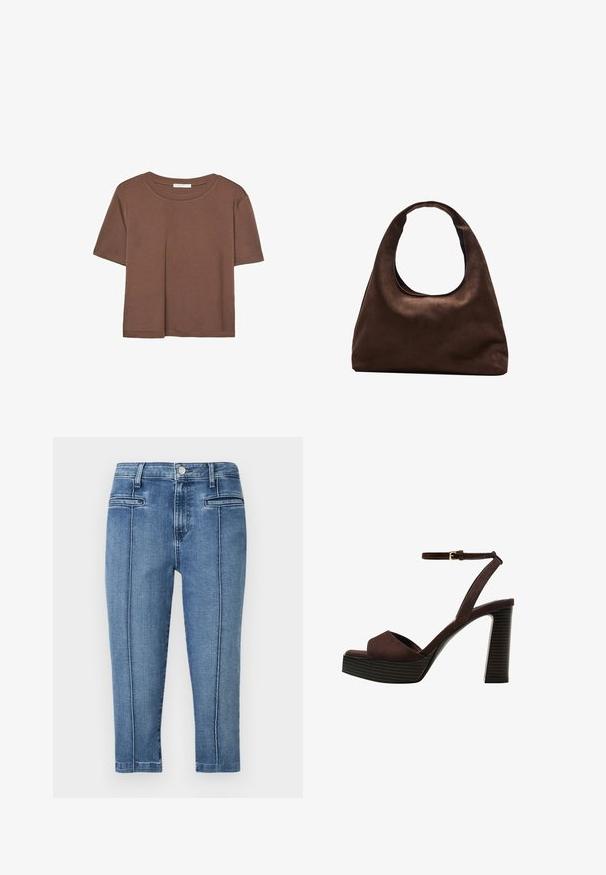Braunes, kurzärmliges T-Shirt aus weichem Material mit rundem Halsausschnitt und lockerer Passform. Keine sichtbaren Muster oder Akzente.; Denimhosen in mittlerem Blau, mit einem Fünf-Taschen-Design, geradem Schnitt und Kontrastnähten entlang der Seitennähte.; Braune Wildleder-Pumps mit offenem Zeh, verstellbarem Knöchelriemen und gestreiftem Plateausohlen.; Weiche braune Hobo-Stil Handtasche mit einem einzigen breiten Trageriemen und einer geschwungenen Oberteilöffnung, auf einem weißen Hintergrund präsentiert.