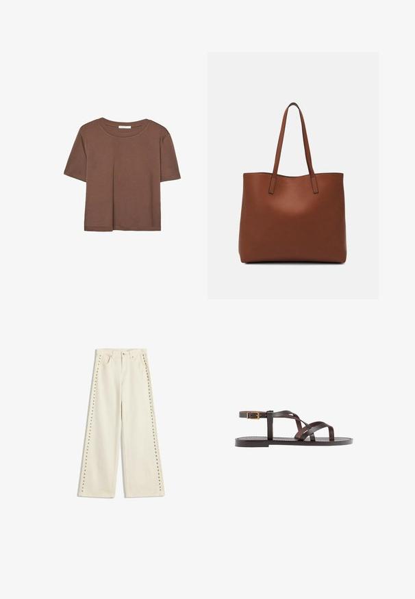 Rjava kratka majica s kratkimi rokavi iz mehkega materiala, s krožnim izrezom in ohlapnim krojem. Brez vidnih vzorcev ali dodatkov.; Svetlo kremne široke jeans hlače z kovinskimi ničnimi dodatki ob zunanjih šivih, petimi žepi in standardnim gumbom za zapiranje.; Rjav usnjen sandal z načinom prečnega črta, zaklepom okoli gležnja in ravnim podplatom z minimalnimi šivi.; Rjava usnjena torba z gladko teksturo, odprto zasnovo zgoraj in dvema naramnima trakovoma. Opremljena je z minimalnim šivanjem in brez vidnih kovinskih delov.