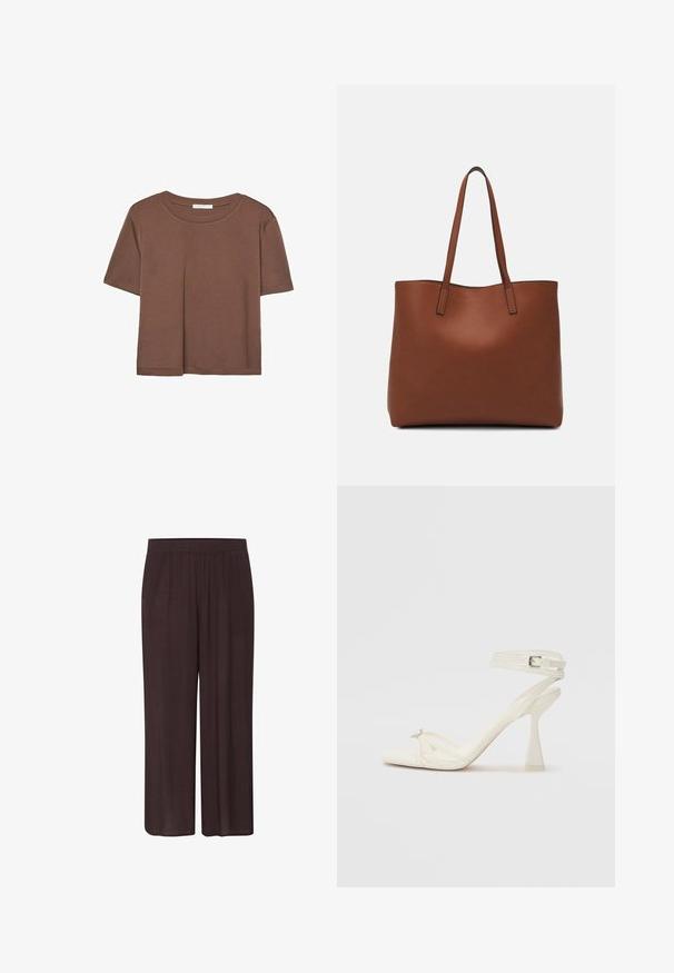 Braunes, kurzärmliges T-Shirt aus weichem Material mit rundem Halsausschnitt und lockerer Passform. Keine sichtbaren Muster oder Akzente.; Dunkelbraune weite Hose aus strukturiertem Stoff mit elastischem Taillenbund und einer lockeren Silhouette, ohne sichtbare Muster oder Akzente.; Sandaletten aus weißem Leder mit hohen Absätzen, schlankem Design, transparentem Blockabsatz und einem dekorativen Element an der Zehe.; Braune Leder-Tote mit glatter Textur, offenem Oberteil und zwei Schulterriemen. Verfügt über minimale Nähte und keine sichtbaren Beschläge.