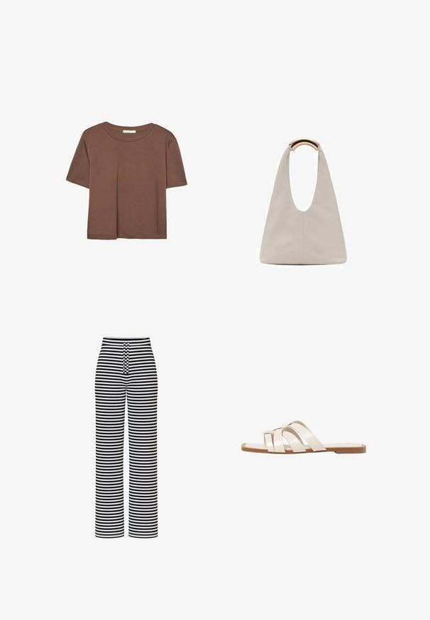 Brązowa koszulka z krótkim rękawem, wykonana z miękkiego materiału, z okrągłym dekoltem i luźnym krojem. Brak widocznych wzorów lub akcentów.; Pieces LAYA WIDE biały; Płaskie sandały z brązową gumową podeszwą, zaprojektowane z trzema nakładającymi się na siebie białymi skórzanymi paskami i małym detalem w postaci kokardy na środku.; Jasnoszara skórzana torba o kształcie litery U z zakrzywionym metalowym uchwytem. Gładka tekstura z minimalnymi szwami i bez widocznych wzorów.