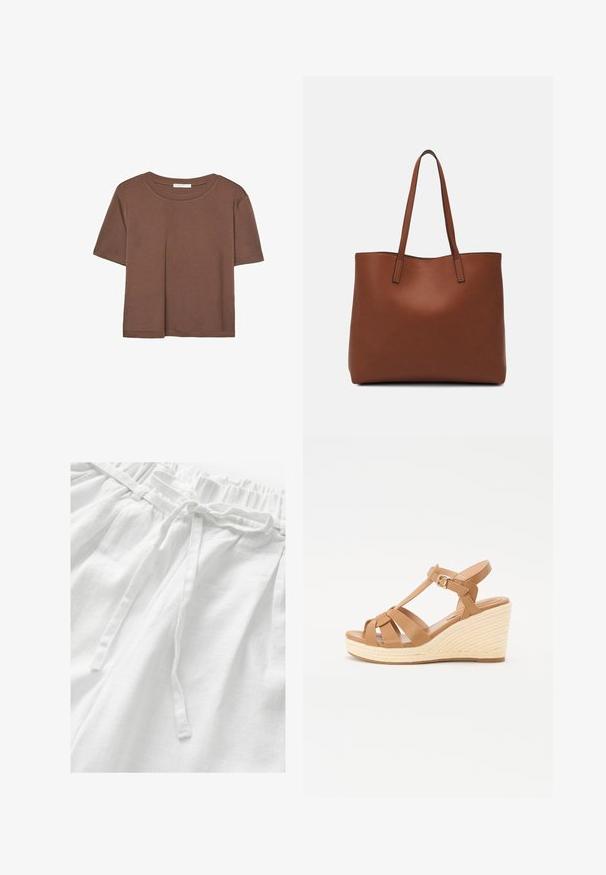 T-shirt marron à manches courtes en tissu doux, avec un col rond et une coupe décontractée. Aucun motif ni accent visible.; Pantalons en lin blancs avec une taille élastique, dotés d'un cordon de serrage assorti et d'un tissu doux et texturé pour le confort et la respirabilité.; Sandales compensées en tan avec un design à lanières croisées, boucle réglable à la cheville et une semelle compensée en espadrille tissée texturée.; Sac fourre-tout en cuir marron avec une texture lisse, design à ouverture supérieure et deux poignées pour le porter à l'épaule. Présente des coutures minimales et aucun matériel visible.