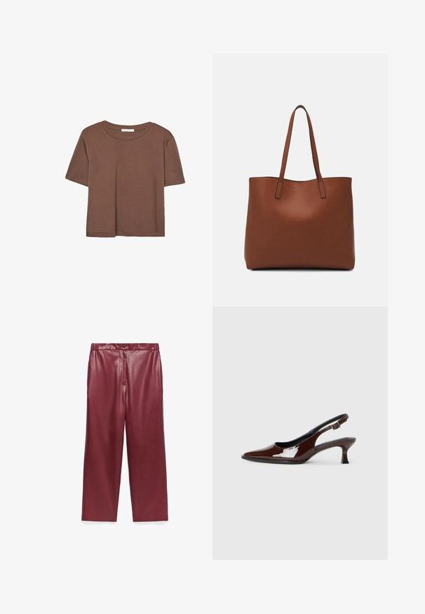 Brun kortärmad t-shirt i mjukt tyg, med rund halsringning och avslappnad passform. Inga synliga mönster eller detaljer.; Burgundy fejk läder byxor med vida ben och hög midja, framknäppning och mjuk, glänsande yta. Inga fickor.; Brun lackläder slingback-sko med spetsig tå och en måttlig klack. Utrustad med en spännband för säker passform. Slät textur.; Brun läder tote-väska med en slät textur, öppen toppdesign och två axelremmar. Har minimal söm och ingen synlig metalldetalj.