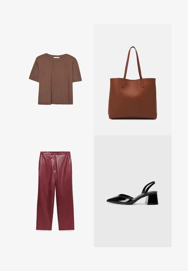 Braunes, kurzärmliges T-Shirt aus weichem Material mit rundem Halsausschnitt und lockerer Passform. Keine sichtbaren Muster oder Akzente.; Burgunderfarbene, weite Hose aus Kunstleder mit hoher Taille, vorderem Knopfverschluss und glatter, glänzender Textur. Keine Taschen.; Schwarze Lackleder-Slingback-High Heels mit spitzem Schuh und einem geometrischen Blockabsatz. Verfügt über ein schlankes, minimalistisches Design und eine glatte Textur.; Braune Leder-Tote mit glatter Textur, offenem Oberteil und zwei Schulterriemen. Verfügt über minimale Nähte und keine sichtbaren Beschläge.
