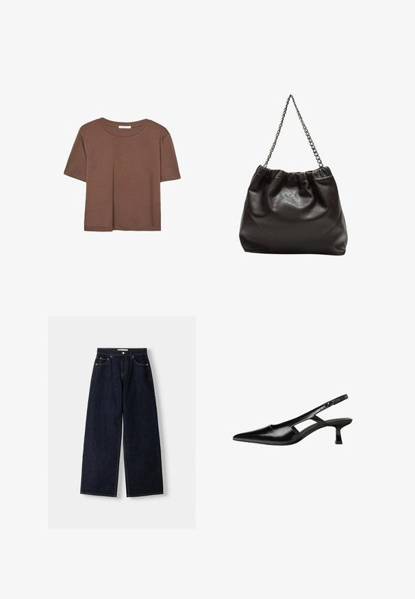 Hnědé tričko s krátkým rukávem vyrobené z měkké látky, s kulatým výstřihem a volným střihem. Bez viditelných vzorů nebo dekorací.; Tmavě modré džíny s širokými nohavicemi a vysokým pasem, pěti kapsami, kontrastním šitím a stříbrnými kovovými detaily. Hladká struktura a čisté provedení.; Černé lakované lodičky na podpatku se špičatou špičkou, výřezovým designem na boku a malým čtvercovým podpatkem. Hladká textura s minimálními akcenty.; Hnědá kožená taška se sbíraným vrškem a řetízkovým popruhem. Hladký povrch s lesklým finišem a jemným švem na bocích.
