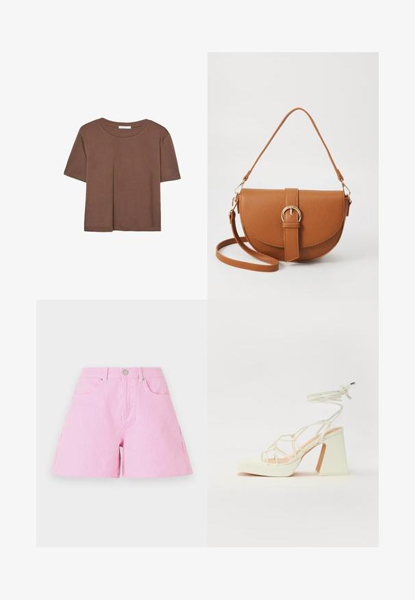 Maglietta a maniche corte marrone realizzata in tessuto morbido, con scollatura rotonda e vestibilità rilassata. Nessun motivo o dettaglio visibile.; Shorts a righe rosa e bianche con chiusura a bottone e cerniera, dotati di tasche frontali e vestibilità rilassata. Tessuto in cotone, texture liscia.; Sandalo bianco con tacco alto, caratterizzato da un design a cinturini e un legaccio alla caviglia. Texture liscia con una piattaforma frontale per un'altezza aggiuntiva.; Borsa a tracolla in pelle marrone con forma curvata, hardware dorato e un dettaglio con fibbia. Presenta una tracolla rimovibile.