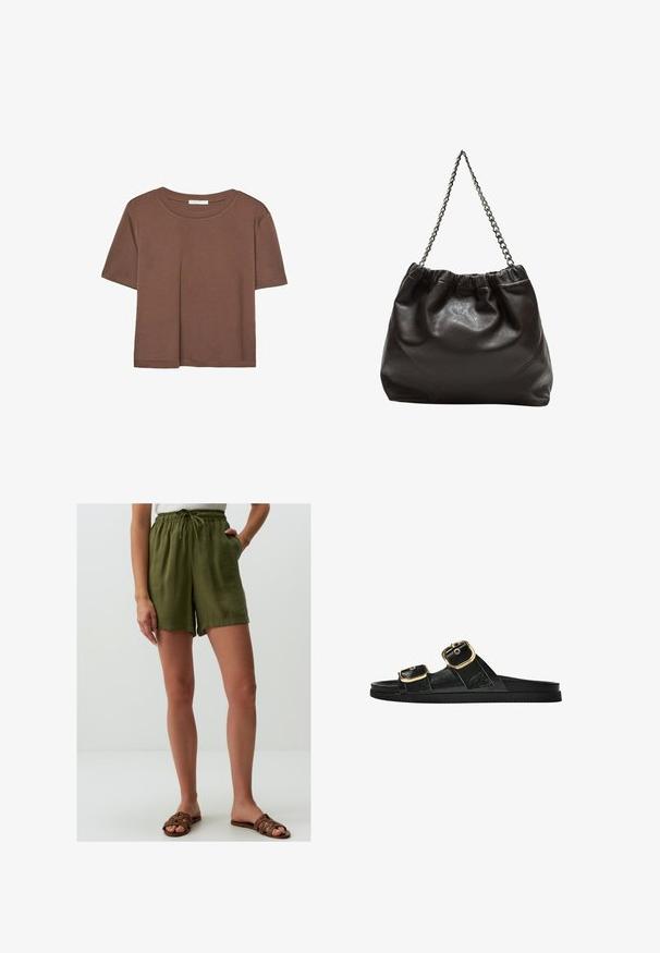 Maglietta a maniche corte marrone realizzata in tessuto morbido, con scollatura rotonda e vestibilità rilassata. Nessun motivo o dettaglio visibile.; Jimmy Key HIGH WAIST - Shorts - khaki; Infradito neri con due accenti di fibbia dorata, materiale dalla texture liscia, suola piatta e design minimalista.; Borsa in pelle marrone con parte superiore arricciata e tracolla a catena. Texture liscia con finitura lucida e dettagli di cucitura sottili sui lati.