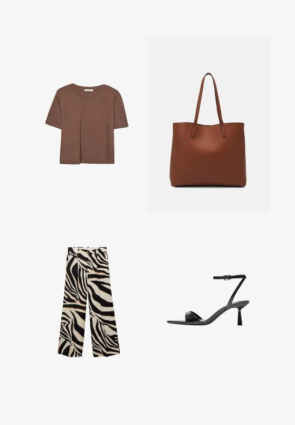 Hnedé tričko s krátkym rukávom vyrobené z jemného materiálu, s okrúhlym výstrihom a voľným strihom. Žiadne viditeľné vzory ani akcenty.; Čierno-biele široké nohavice so zebrovým vzorom s záhybmi, ktoré majú hladkú textúru a vysoký pás pre pohodlie.; Bershka Sandále na vysokom opätku - black; Hnedá kožená taška na rameno s hladkou textúrou, otvoreným vrchom a dvoma ramenými popruhmi. Má minimálne šitia a žiadne viditeľné kovania.