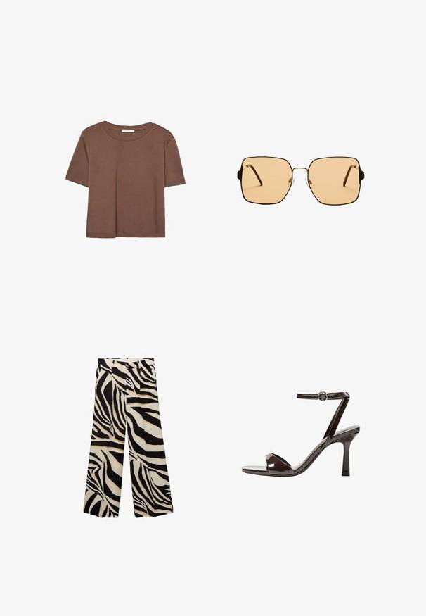 Braunes, kurzärmliges T-Shirt aus weichem Material mit rundem Halsausschnitt und lockerer Passform. Keine sichtbaren Muster oder Akzente.; Schwarz-weiße Zebra-Print-Hosen mit weitem Bein und Falten, featuring eine glatte Textur und einen hohen Taillenbund für Komfort.; Braune Lackleder-High-Heelsandale mit einem Knöchelriemen, offener Zehenpartie und einem schlanken, minimalistischen Design. Verfügt über einen quadratischen Absatz.; Quadratische Sonnenbrillen mit braunen Gläsern und einem dünnen schwarzen Metallrahmen. Verfügt über schräg gestaltete Bügel und verstellbare Nasenpads für zusätzlichen Komfort.; Schwarze Laptoptasche aus Leder mit glatter Textur, rechteckiger Form und zwei langen Griffen. Keine sichtbaren Beschläge oder Verzierungen.