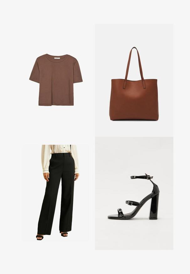 Hnědé tričko s krátkým rukávem vyrobené z měkké látky, s kulatým výstřihem a volným střihem. Bez viditelných vzorů nebo dekorací.; Černé kalhoty s vysokým pasem a širokými nohavicemi, s hladkým povrchem a upraveným střihem. V kombinaci s krémovou blůzkou s krajkovými detaily a knoflíky.; Černé lakované sandály na podpatku se čtveratou špičkou, lýtkovými pásky a stříbrnými přezkami. Disponují masivním blokovým podpatkem pro stabilitu.; Hnědá kožená taška přes rameno s hladkou texturou, otevřeným designem a dvěma ramenními popruhy. Obsahuje minimální švy a žádné viditelné kovové prvky.