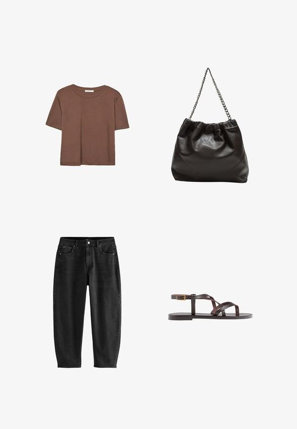 Hnedé tričko s krátkym rukávom vyrobené z jemného materiálu, s okrúhlym výstrihom a voľným strihom. Žiadne viditeľné vzory ani akcenty.; Čierne denimové džínsy s voľným strihom, so klasyčným piatimi vreckami, zapínaním na gombík a jemnými detailmi šitia.; Hnedé kožené sandály s krížovými popruhmi, uzatváraním na pracku okolo členku a plochou podrážkou s minimálnymi ševmi.; Hnedá kožená taška so zberaným vrchom a reťazovým popruhom. Hladký povrch s lesklým finišom a jemným švom po stranách.