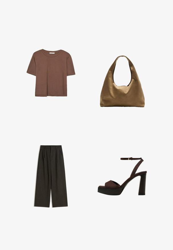 Smeđi kratki rukav majica od mekog materijala, s okruglim izrezom i opuštenim krojem. Nema vidljivih uzoraka ili naglasaka.; Hlače širokih nogavica od tamnosive tkanine s teksturiranim završetkom, s prednjim plisiranim detaljima i bočnim džepovima, dizajnirane za slobodan kroj.; Smeđe zamšaste sandale s visokim potpeticama, otvorenim prstima, podesivom trakicom oko gležnja i prugastom platformom.; Smeđa platnena torba za rame s širokim, zaobljenim tijelom i velikim izrezanim drškom. Mekana tekstura, minimalistički dizajn i bez vidljivog hardvera.