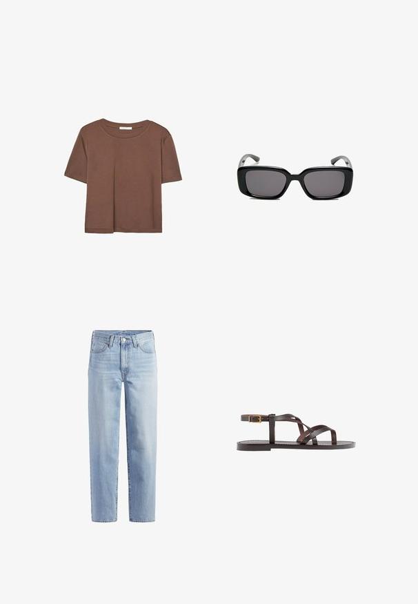 Hnědé tričko s krátkým rukávem vyrobené z měkké látky, s kulatým výstřihem a volným střihem. Bez viditelných vzorů nebo dekorací.; Světle modré džíny rovného střihu s předním knoflíkem, zipem, poutky na opasek a designem s pěti kapsami na bílém pozadí.; Hnědé kožené sandály s kříženými pásky, uzavřením na přezku u kotníku a plochou podrážkou s minimem švů.; Černé obdélníkové sluneční brýle s tmavými skly, hladkým plastovým rámem a zakřivenými stranicemi. Design je robustní s minimalistickou estetikou.