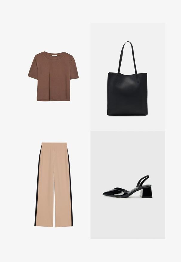 Korte mouwen T-shirt in bruin, gemaakt van een zachte stof, met een ronde halslijn en een relaxte pasvorm. Geen zichtbare patronen of accenten.; Beige wijde broek met een soepele textuur, voorzien van zwarte zijkanten. De tailleband is elastisch voor comfort en gemakkelijke draagbaarheid.; Zwarte gepatineerde leren slingback hakken met een spitse neus en een geometrische blokhak. Kenmerkt zich door een slank, minimalistisch ontwerp en een gladde textuur.; Zwarte leren handtas met een gladde textuur, rechthoekige vorm en twee lange handvaten. Geen zichtbare hardware of versieringen.