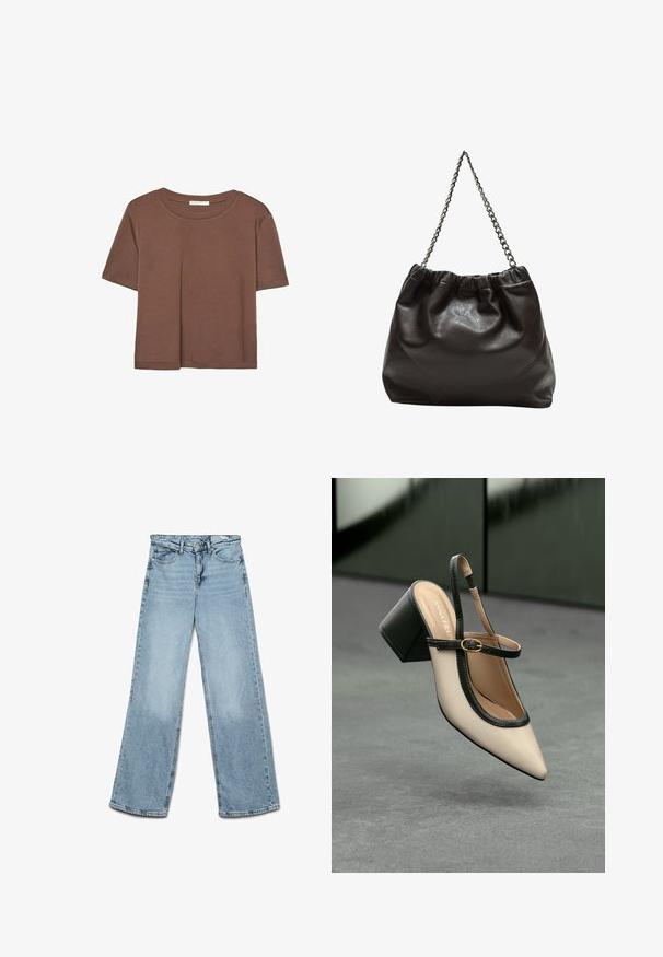 Rjava kratka majica s kratkimi rokavi iz mehkega materiala, s krožnim izrezom in ohlapnim krojem. Brez vidnih vzorcev ali dodatkov.; Svetlo modri široki jeans, narejeni iz denima, z značilno pet-pocket zasnovo in ravnim krojem z minimalnim bledenjem na nogah.; Bežna slingback čevlja z uskim sprednjim delom, črnimi detajli, zlatim zaponko in debelim blokovskim peto na sivi tleh s temno zeleno ozadje.; Rjava usnjena torba z nabranim vrhom in verižnim trakom. Gladka tekstura z sijajno površino in subtilnimi šivi na straneh.