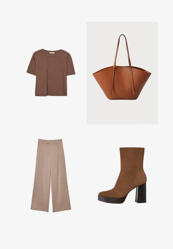 Maglietta a maniche corte marrone realizzata in tessuto morbido, con scollatura rotonda e vestibilità rilassata. Nessun motivo o dettaglio visibile.; Pantaloni beige a gamba larga con righe verticali, vita alta e una texture liscia, dal design tailored e dalle finiture pulite.; Stivale alla caviglia in suede marrone con punta arrotondata, tacco spesso a strisce nere e superficie liscia. Caratterizzato da un design aderente senza hardware visibile.; Borsa tote in pelle marrone con una forma ampia e strutturata, manici sottili e una finitura testurizzata. Presenta un design minimalista senza hardware visibile.