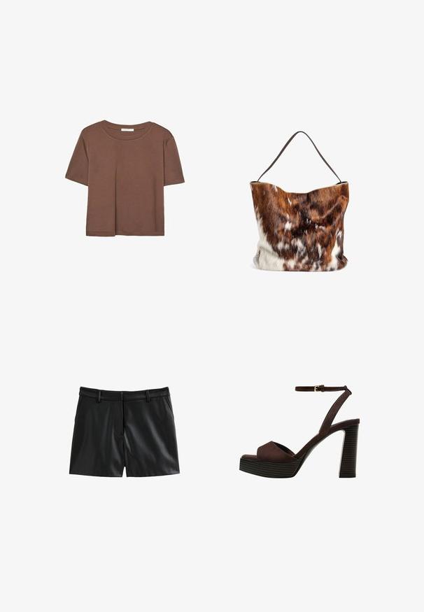 Braunes, kurzärmliges T-Shirt aus weichem Material mit rundem Halsausschnitt und lockerer Passform. Keine sichtbaren Muster oder Akzente.; Schwarze Ledershorts mit glatter Textur, maßgeschneiderter Passform, Gürtelschlaufen und zwei vorderen Taschen, mit einem subtilen Glanz.; Braune Wildleder-Pumps mit offenem Zeh, verstellbarem Knöchelriemen und gestreiftem Plateausohlen.; Handtasche aus braunem und weißem Fell mit weicher Textur, offenem Oberteil und einem einzigen dunkelbrownem Riemen. Das Design hat oben eine leichte Wellenform.