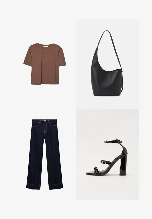 Rjava kratka majica s kratkimi rokavi iz mehkega materiala, s krožnim izrezom in ohlapnim krojem. Brez vidnih vzorcev ali dodatkov.; Temno modri denim hlače s širokimi nogavami, z zapiranjem na gumb spredaj, zasnovo s petimi žepi in kontrastnimi šivi.; Črne lakirane sandale s peto, kvadratnim prstom, trakovi okrog gležnja in srebrnimi zaponkami. Opremljene so s stabilno Debelo peto.; Črna usnjena hobo torba z gladko teksturo, ukrivljeno obliko in eno nastavljivo naramnico; ima širok odprtina na vrhu.