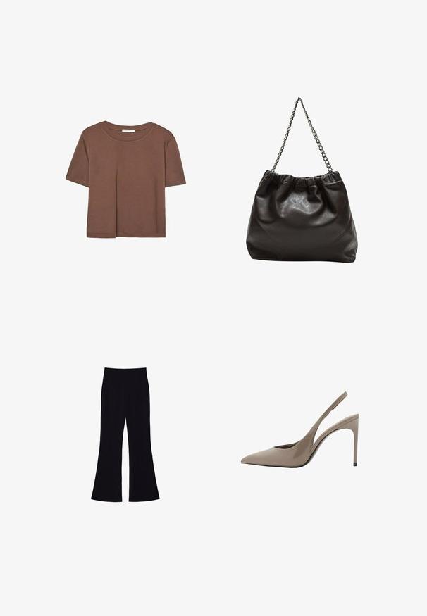Braunes, kurzärmliges T-Shirt aus weichem Material mit rundem Halsausschnitt und lockerer Passform. Keine sichtbaren Muster oder Akzente.; Schwarze Schlaghose mit hohem Bund und ohne sichtbare Taschen oder Knöpfe, vor einem weißen Hintergrund gezeigt.; Beige Lackleder Slingback High Heels mit spitzem Schuh und elegantem Design, ausgestattet mit einem dünnen Absatz und einem Ausschnitt an der Seite.; Braune Lederhandtasche mit gerafftem Oberteil und Kettenriemen. Glatte Textur mit glänzendem Finish und subtilen Nahtdetails an den Seiten.