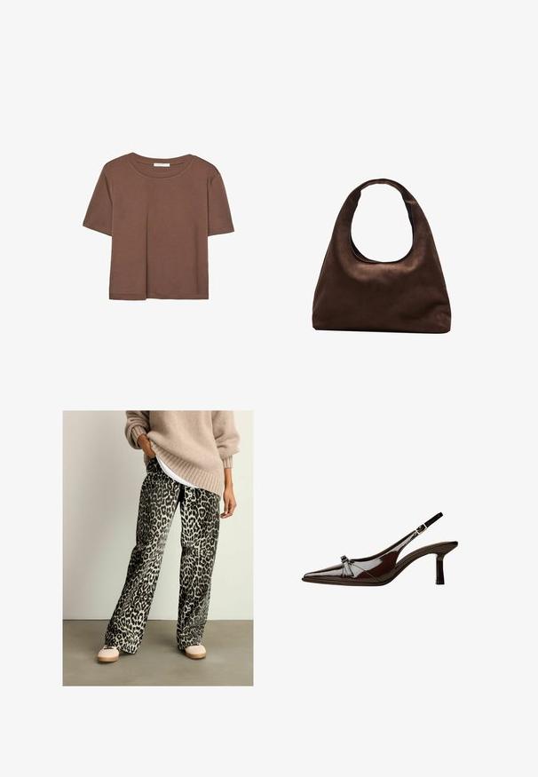 Rjava kratka majica s kratkimi rokavi iz mehkega materiala, s krožnim izrezom in ohlapnim krojem. Brez vidnih vzorcev ali dodatkov.; Hlače z živalskim vzorcem v črni in sivi barvi s širokimi nogavicami, izdelane iz mehkega blaga, v kombinaciji s bež pletenim puloverjem in svetlimi čevlji.; Rjave lakirane slingback čevlje z oglatim nosom, nizko peto in dekorativno pentljo na sprednji strani. Gladka, sijoča tekstura.; Mehakna rjava torbica v hobo stilu z enim širokim trakom in ukrivljenim odprtjem na vrhu, prikazana na beli podlagi.