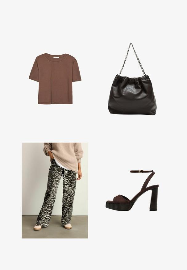 Maglietta a maniche corte marrone realizzata in tessuto morbido, con scollatura rotonda e vestibilità rilassata. Nessun motivo o dettaglio visibile.; Pantaloni a stampa animale neri e grigi con design a gamba larga, realizzati in un tessuto morbido, abbinati a un maglione beige in maglia e scarpe leggere.; Sandal in camoscio marrone con tacco alto, punta aperta, cinturino alla caviglia regolabile e suola a piattaforma striata.; Borsa in pelle marrone con parte superiore arricciata e tracolla a catena. Texture liscia con finitura lucida e dettagli di cucitura sottili sui lati.