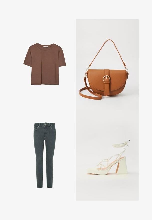 Smeđi kratki rukav majica od mekog materijala, s okruglim izrezom i opuštenim krojem. Nema vidljivih uzoraka ili naglasaka.; Uske traperice u tamno sivoj boji s glatkom teksturom. Imaju prednji zatvarač, kopčanje na dugme i tradicionalni stil s pet džepova.; Bijela sandala na visokoj potpetici s debelim petom, s remenom i vezanjem oko gležnja. Glatka tekstura s platformom sprijeda za dodatnu visinu.; Smeđa kožna torba preko tijela s zakrivljenim oblikom, zlatnim metalnim detaljima i naglaskom na kopču. Ima odvojivu naramenicu.