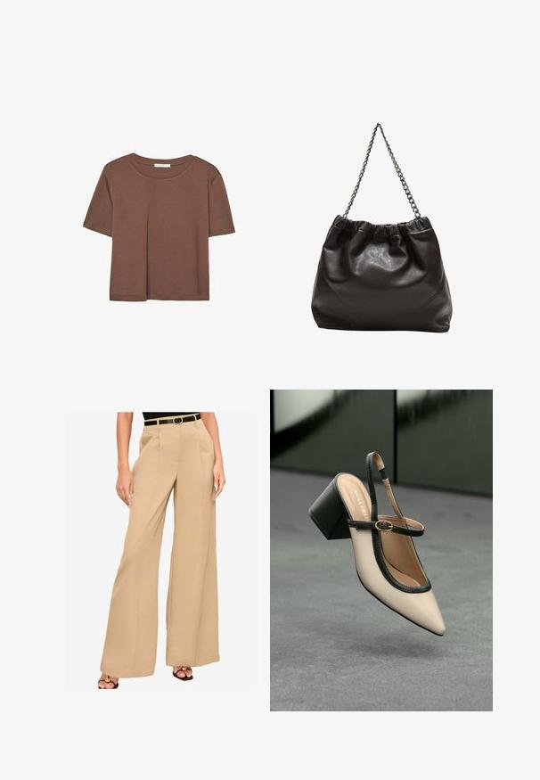 Rjava kratka majica s kratkimi rokavi iz mehkega materiala, s krožnim izrezom in ohlapnim krojem. Brez vidnih vzorcev ali dodatkov.; Beige hlače širokega kroja iz gladke tkanine, ki vključujejo sprednje gube in črn pas z zlatim sponko.; Bežna slingback čevlja z uskim sprednjim delom, črnimi detajli, zlatim zaponko in debelim blokovskim peto na sivi tleh s temno zeleno ozadje.; Rjava usnjena torba z nabranim vrhom in verižnim trakom. Gladka tekstura z sijajno površino in subtilnimi šivi na straneh.