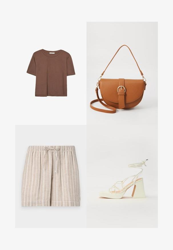 Hnědé tričko s krátkým rukávem vyrobené z měkké látky, s kulatým výstřihem a volným střihem. Bez viditelných vzorů nebo dekorací.; Béžové lněné šortky s bílými vertikálními pruhy, elastickým pasem a šňůrkou na stažení. Ležérní design zahrnuje prošité lemy a boční kapsy.; Bílé sandály na vysokém podpatku s robustním podpatkem, s designem s pásky a zavazováním kolem kotníku. Hladký povrch s platformou vpředu pro zvýšení výšky.; Hnědá kožená křížová taška s zakřiveným tvarem, zlatými detaily a akcentem s přezkou. Obsahuje odnímatelný popruh na rameno.