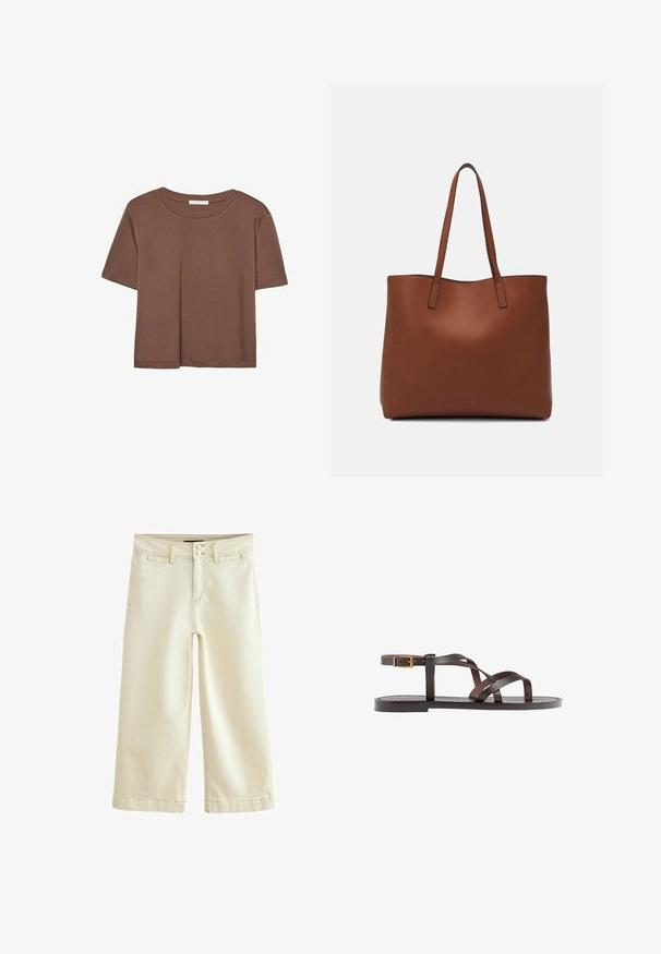 Maglietta a maniche corte marrone realizzata in tessuto morbido, con scollatura rotonda e vestibilità rilassata. Nessun motivo o dettaglio visibile.; Pantaloni alla caviglia di colore crema, realizzati in denim con una finitura leggermente testurizzata. Presentano una vita standard con chiusura a due bottoni e cinque tasche.; Sandal in pelle marrone con cinturini incrociati, chiusura con cinturino alla caviglia e suola piatta con dettagli di cucitura minimi.; Borsa tote in pelle marrone con texture liscia, design con apertura superiore e due spallacci. Presenta cuciture minime e nessun hardware visibile.