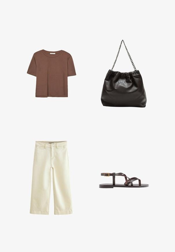 Braunes, kurzärmliges T-Shirt aus weichem Material mit rundem Halsausschnitt und lockerer Passform. Keine sichtbaren Muster oder Akzente.; Cremfarbige Caprihosen aus Denim mit leicht strukturiertem Finish. Verfügt über einen standardmäßigen Taillenbund mit zweifacher Knopfverschluss und fünf Taschen.; Braune Leder-Sandale mit überkreuzten Riemen, einem Knöchelriemen mit Schnalle und einer flachen Sohle mit minimalen Nähdetails.; Braune Lederhandtasche mit gerafftem Oberteil und Kettenriemen. Glatte Textur mit glänzendem Finish und subtilen Nahtdetails an den Seiten.