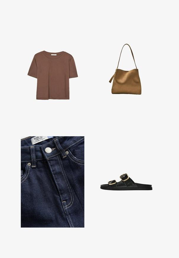 Hnědé tričko s krátkým rukávem vyrobené z měkké látky, s kulatým výstřihem a volným střihem. Bez viditelných vzorů nebo dekorací.; Next WIDE - Wide leg - rinse; Černé kluzné sandály s dvěma zlatými sponami, hladkým texturovaným materiálem, plochou podrážkou a minimalistickým designem.; Hnědá semišová kabelka se hladkým povrchem, zakřiveným vrškem a dlouhým plochým ramenním popruhem. Na jedné straně má zip.