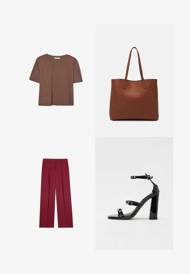 Braunes, kurzärmliges T-Shirt aus weichem Material mit rundem Halsausschnitt und lockerer Passform. Keine sichtbaren Muster oder Akzente.; Burgunderfarbene, weit geschnittene Hose mit Falten, zwei seitlichen Taschen und einem flachen Bund. Hergestellt aus glattem Stoff, mit maßgeschneiderter Optik.; Schwarze patentierte Sandalen mit Absatz, quadratischer Spitze, Knöchelriemen und silbernen Schnallen. Mit einem stabilen Blockabsatz für mehr Stabilität.; Braune Leder-Tote mit glatter Textur, offenem Oberteil und zwei Schulterriemen. Verfügt über minimale Nähte und keine sichtbaren Beschläge.
