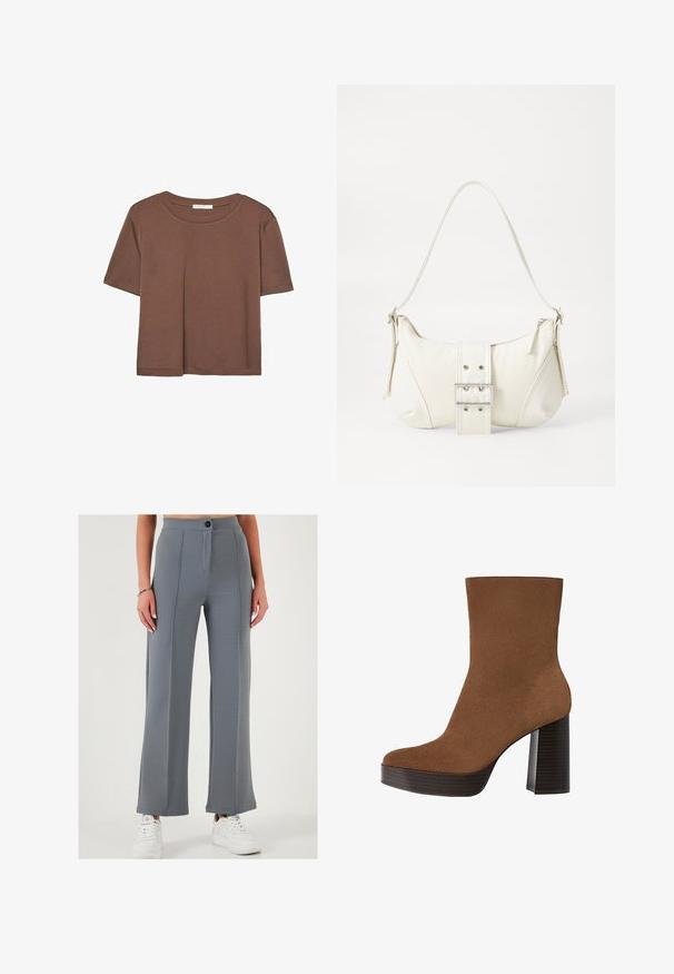 Hnedé tričko s krátkym rukávom vyrobené z jemného materiálu, s okrúhlym výstrihom a voľným strihom. Žiadne viditeľné vzory ani akcenty.; Šedé nohavice so širokým strihom vyrobené z textúrovanej látky, s predným zapínaním na gombík a prešitou panelovou dekoráciou, skombinované s bielymi teniskami.; Hnedé z semišu členkové topánky s okrúhlou špičkou, robustným čiernym pruhovaným podpätkom a hladkým povrchom. Vyhotovenie je prispôsobené bez viditeľných kovových prvkov.; Biela taška cez rameno s textúrovaným povrchom, centrálnou prackou a zakriveným tvarom. Zipsy na oboch stranách.