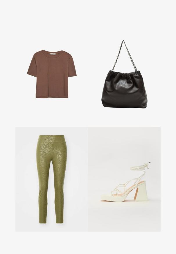 Hnedé tričko s krátkym rukávom vyrobené z jemného materiálu, s okrúhlym výstrihom a voľným strihom. Žiadne viditeľné vzory ani akcenty.; Olivové legíny s jemným leopardím vzorom, vyrobené z elastického materiálu s hladkou textúrou a priliehavým strihom.; Biele sandále na vysokom opätku s hrubým podpätkom, s pruhovaným dizajnom a viazaním na členku. Hladký povrch s platformou vpredu pre zvýšenú výšku.; Hnedá kožená taška so zberaným vrchom a reťazovým popruhom. Hladký povrch s lesklým finišom a jemným švom po stranách.