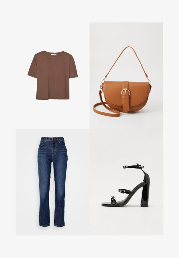 Kahvinsävyinen lyhythihainen t-paita, joka on valmistettu pehmeästä kankaasta. Pyöreä pääntie ja rento malli. Ei näkyviä kuvioita tai koristeita.; Tummansiniset farkut, jotka on tehty denimistä, korkea vyötärö, suora lahkeiden leikkaus, perinteinen nappi- ja vetoketjukiinnitys, kankaassa on hienovaraisia haalistumia.; Musta kiiltäväpintainen korkokengät, joissa on kaksi solkikiinnitystä, neliönmuotoinen kärki ja paksu korko, sileällä, kiiltävällä pintarakenteella.; Ruskean nahkainen olkalaukku, jossa on kaareva muoto, kultaiset yksityiskohdat ja solkiyksityiskohta. Varustettu irrotettavalla olkahihnalla.