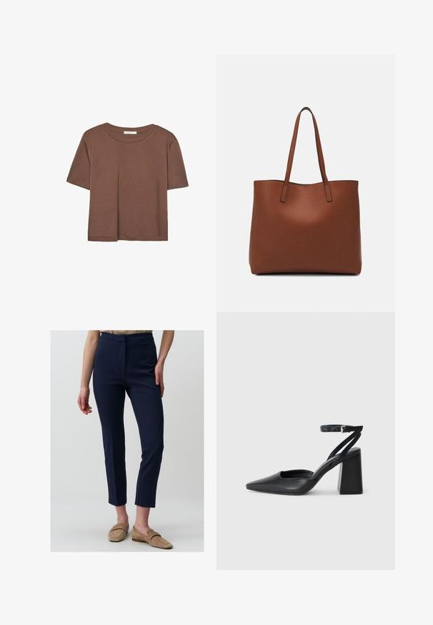 Braunes, kurzärmliges T-Shirt aus weichem Material mit rundem Halsausschnitt und lockerer Passform. Keine sichtbaren Muster oder Akzente.; Jimmy Key SLIM FIT HIGH WAIST  - Stoffhose - dark blue; Schwarze Leder-Pumps mit spitzer Zehe, einem Knöchelriemen und einem blockigen Absatz. Flache Textur, elegantes Design und minimalistische Ästhetik.; Braune Leder-Tote mit glatter Textur, offenem Oberteil und zwei Schulterriemen. Verfügt über minimale Nähte und keine sichtbaren Beschläge.