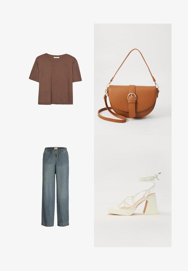 Rjava kratka majica s kratkimi rokavi iz mehkega materiala, s krožnim izrezom in ohlapnim krojem. Brez vidnih vzorcev ali dodatkov.; Svetlo modri traper hlače z širokimi hlačnicami, elastičnim pasom in vrvico za zavezovanje. Imajo standardno šivanje in brez vidnih žepov.; Bela sandala na visokih petah s debelim petam, ki ima obliko trakcev in vezanje okoli gležnja. Gladka tekstura z platformo spredaj za dodatno višino.; Rjava usnjena torbica prek telesa s ukrivljeno obliko, zlate opreme in sponko. Ima odstranljiv naramni trak.