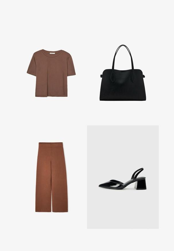 Brown short-sleeve t-shirt made of soft fabric, with a round neckline and relaxed fit. No visible patterns or accents.; Brown wide-leg trousers made from a soft, textured fabric. Features a high waistband and no visible fastenings.; Black patent leather slingback heels with a pointed toe and a geometric block heel. Features a sleek, minimal design and smooth texture.; Black leather handbag with dual shoulder straps, rectangular shape, and minimalistic design on a white background.