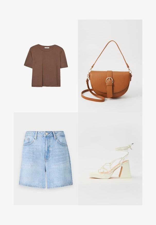 Smeđi kratki rukav majica od mekog materijala, s okruglim izrezom i opuštenim krojem. Nema vidljivih uzoraka ili naglasaka.; Svijetloplave traper kratke hlače opuštenog kroja, s blistavim detaljima i klasičnim dizajnom s pet džepova. Rub je sirov i pomalo izgužvan.; Bijela sandala na visokoj potpetici s debelim petom, s remenom i vezanjem oko gležnja. Glatka tekstura s platformom sprijeda za dodatnu visinu.; Smeđa kožna torba preko tijela s zakrivljenim oblikom, zlatnim metalnim detaljima i naglaskom na kopču. Ima odvojivu naramenicu.