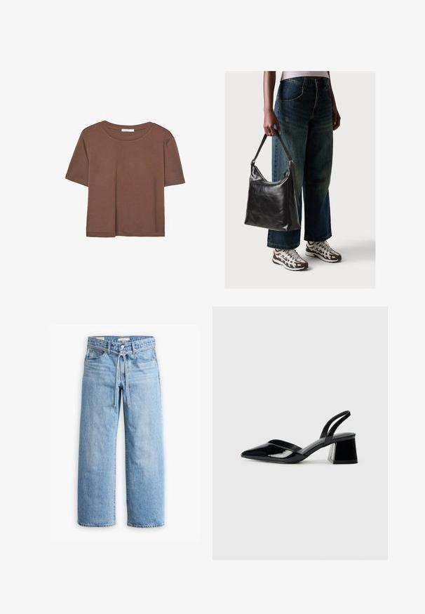 Brun kortärmad t-shirt i mjukt tyg, med rund halsringning och avslappnad passform. Inga synliga mönster eller detaljer.; Ljusblå denim jeans med vida ben och hög midja, knäppning med knapp och dragkedja samt dragsko i midjan. Råkantad avslutning.; Svarta lackläder slingback klackar med spetsig tå och geometrisk klack. Har en elegant, minimalistisk design och slät yta.; Svart läderaxelväska med en slät yta och justerbar rem, i kombination med urtvättade vida jeans och sportiga sneakers.