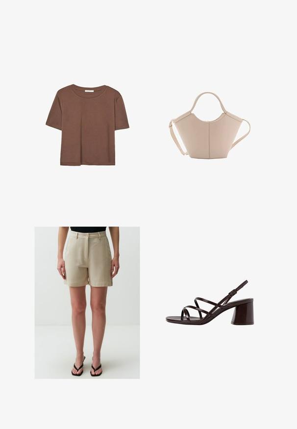 Maglietta a maniche corte marrone realizzata in tessuto morbido, con scollatura rotonda e vestibilità rilassata. Nessun motivo o dettaglio visibile.; Jimmy Key HIGH WAIST WITH POCKETS - Shorts - stoned; Sandalo con tacco alto e cinturini marrone, dotato di un tacco spesso, con una finitura liscia e lucida e numerosi cinturini incrociati sulla parte superiore.; Borsa in pelle beige con una forma unica, caratterizzata da due manici corti e una lunga tracolla regolabile. Texture liscia con hardware minimale.