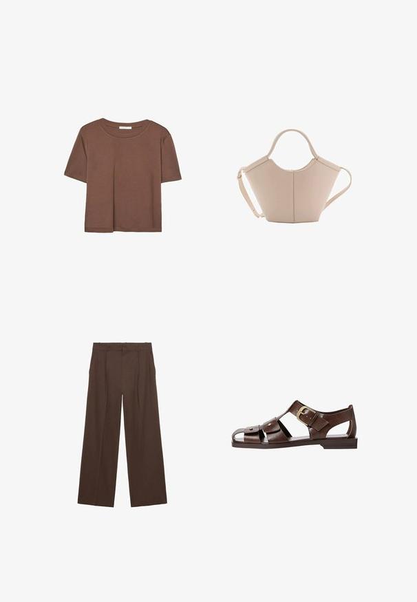 Rjava kratka majica s kratkimi rokavi iz mehkega materiala, s krožnim izrezom in ohlapnim krojem. Brez vidnih vzorcev ali dodatkov.; Rjave široke hlače iz gladkega materiala, ki imajo visok pas, sprednje gube in dve stranski žepi.; Rjave usnjene sandale z izrezljanim dizajnom, nastavljivim stranskim sponko in ravnim podplatom, dekorirane z kovinskimi detajli in odprtim prstom.; Bežna usnjena torbica edinstvene oblike, z dvema kratkima ročajema in dolgim nastavljivim trakom. Gladka tekstura z minimalno kovinsko opremo.