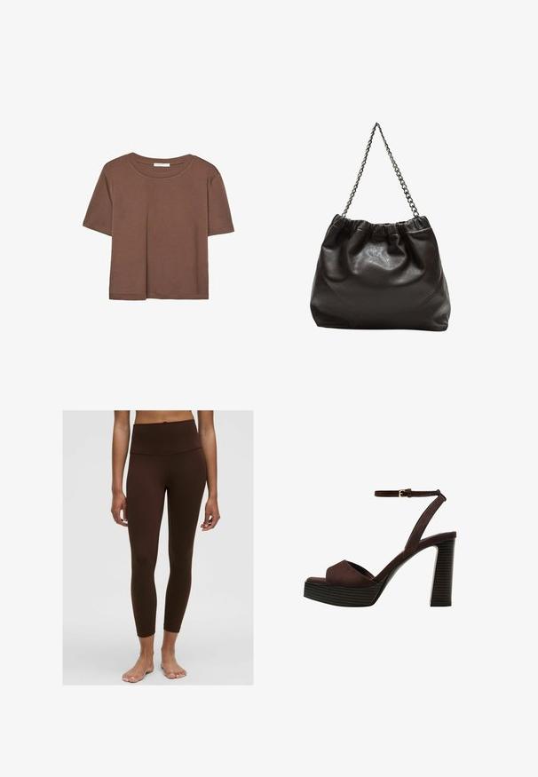 Maglietta a maniche corte marrone realizzata in tessuto morbido, con scollatura rotonda e vestibilità rilassata. Nessun motivo o dettaglio visibile.; Leggings marroni a vita alta con texture liscia, design aderente e orlo alla caviglia. Nessun motivo visibile o dettagli in metallo.; Sandal in camoscio marrone con tacco alto, punta aperta, cinturino alla caviglia regolabile e suola a piattaforma striata.; Borsa in pelle marrone con parte superiore arricciata e tracolla a catena. Texture liscia con finitura lucida e dettagli di cucitura sottili sui lati.