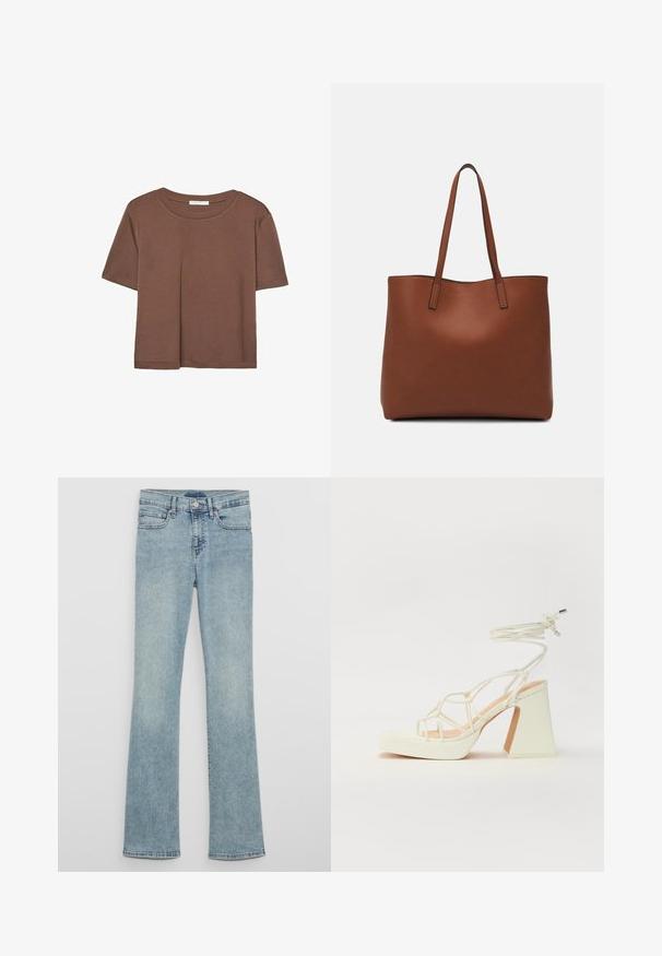 Hnedé tričko s krátkym rukávom vyrobené z jemného materiálu, s okrúhlym výstrihom a voľným strihom. Žiadne viditeľné vzory ani akcenty.; Svetlomodré džínsové nohavice do zvonu s vysokým pásom, vybavené očkami na opasok, prednými vreckami a vyblednutou textúrou.; Biele sandále na vysokom opätku s hrubým podpätkom, s pruhovaným dizajnom a viazaním na členku. Hladký povrch s platformou vpredu pre zvýšenú výšku.; Hnedá kožená taška na rameno s hladkou textúrou, otvoreným vrchom a dvoma ramenými popruhmi. Má minimálne šitia a žiadne viditeľné kovania.