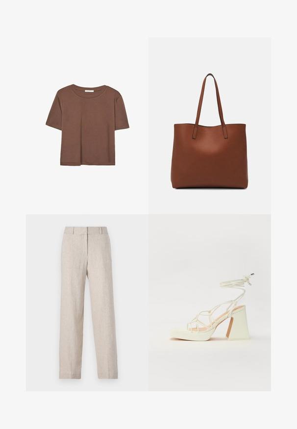 Hnedé tričko s krátkym rukávom vyrobené z jemného materiálu, s okrúhlym výstrihom a voľným strihom. Žiadne viditeľné vzory ani akcenty.; Bežové ľanové nohavice so strihať rovného strihu, vysokým pásom a jemnou textúrou. Bez viditeľných vreciek alebo ozdôb.; Biele sandále na vysokom opätku s hrubým podpätkom, s pruhovaným dizajnom a viazaním na členku. Hladký povrch s platformou vpredu pre zvýšenú výšku.; Hnedá kožená taška na rameno s hladkou textúrou, otvoreným vrchom a dvoma ramenými popruhmi. Má minimálne šitia a žiadne viditeľné kovania.
