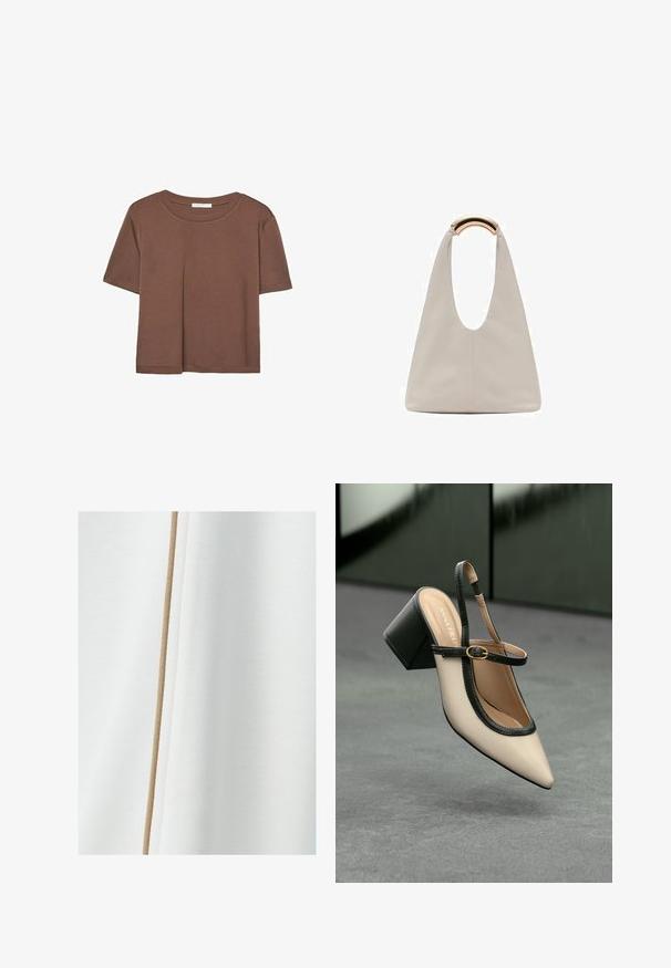 Rjava kratka majica s kratkimi rokavi iz mehkega materiala, s krožnim izrezom in ohlapnim krojem. Brez vidnih vzorcev ali dodatkov.; Bela tkanina z gladko teksturo in bež naguban trak, ki teče navpično vzdolž ene strani.; Bežna slingback čevlja z uskim sprednjim delom, črnimi detajli, zlatim zaponko in debelim blokovskim peto na sivi tleh s temno zeleno ozadje.; Svetlo siva usnjena torba z U-oblika zasnovo in ukrivljenim kovinskim ročajem. Gladka tekstura z minimalnim šivom in brez vidnih vzorcev.