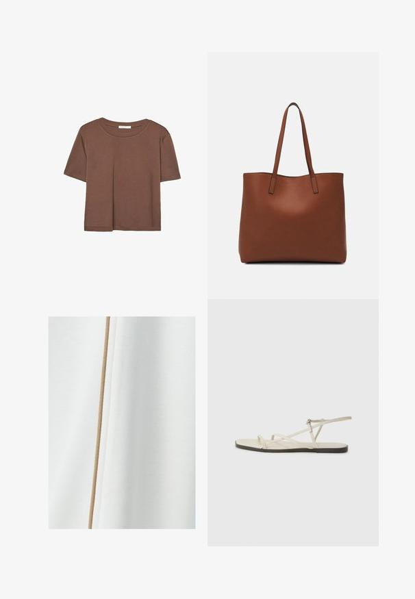 Brązowa koszulka z krótkim rękawem, wykonana z miękkiego materiału, z okrągłym dekoltem i luźnym krojem. Brak widocznych wzorów lub akcentów.; Biała tkanina o gładkiej teksturze z beżowym paskiem akcentowym biegnącym pionowo wzdłuż jednej strony.; Beżowe płaskie sandały z wieloma cienkimi paskami i regulowanym zapięciem. Podeszwa jest płaska z delikatnym ciemnym kontrastem na krawędzi.; Brązowa skórzana torba tote o gładkiej fakturze, z otwartym wierzchem i dwoma ramiączkami. Charakteryzuje się minimalnym przeszyciem i brakiem widocznych elementów metalowych.